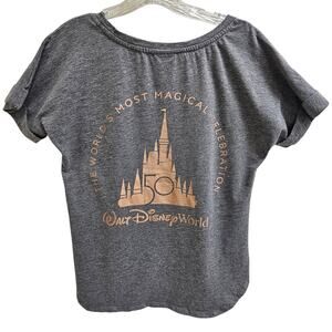 Walt Disney World 50th Celebration Gray + Gold Metallic Castle + Mickey Tee M